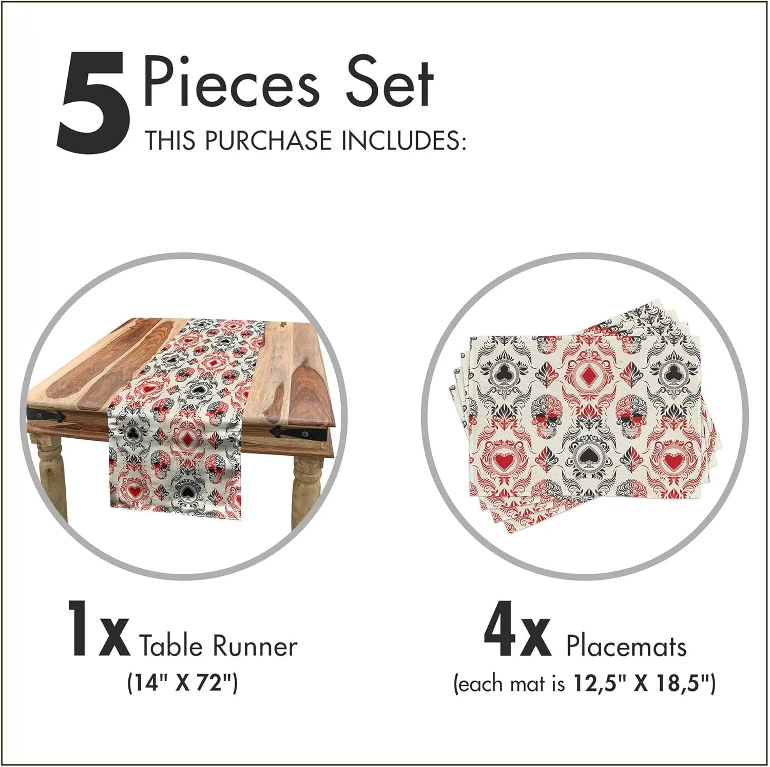 Lunarable Skull Table Runner & Placemats, Playing Card Themed Skeleton Head Ace of Spades Diamonds Hearts Victorian, Set for Dining Table Decor, Placemat 4 pcs   Runner 14"x72", Vermilion Black Cream