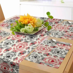 Lunarable Skull Table Runner & Placemats, Playing Card Themed Skeleton Head Ace of Spades Diamonds Hearts Victorian, Set for Dining Table Decor, Placemat 4 pcs   Runner 14"x72", Vermilion Black Cream
