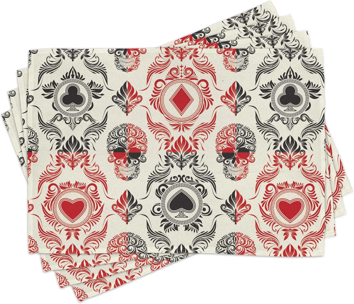 Lunarable Skull Table Runner & Placemats, Playing Card Themed Skeleton Head Ace of Spades Diamonds Hearts Victorian, Set for Dining Table Decor, Placemat 4 pcs   Runner 14"x72", Vermilion Black Cream