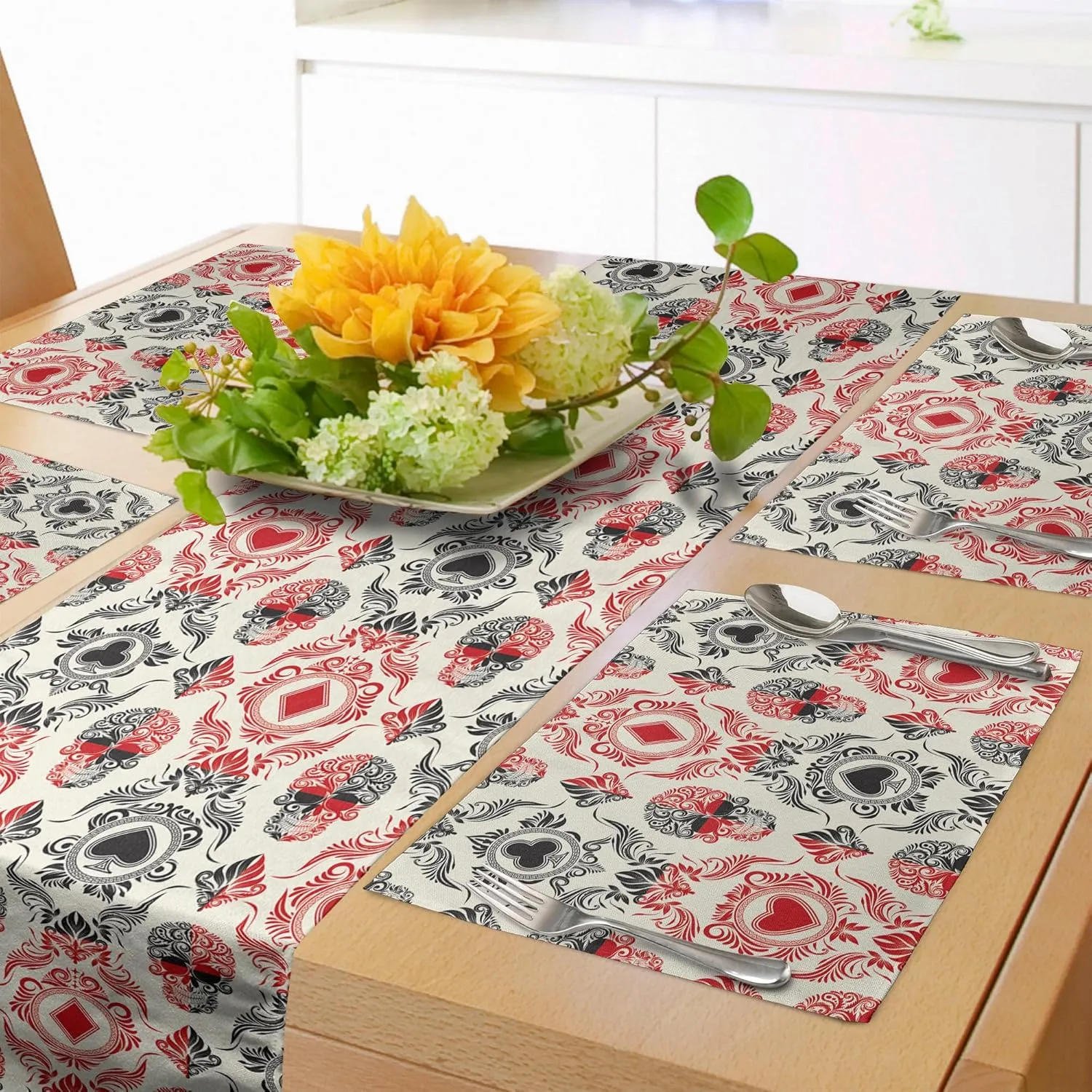 Lunarable Skull Table Runner & Placemats, Playing Card Themed Skeleton Head Ace of Spades Diamonds Hearts Victorian, Set for Dining Table Decor, Placemat 4 pcs   Runner 14"x72", Vermilion Black Cream