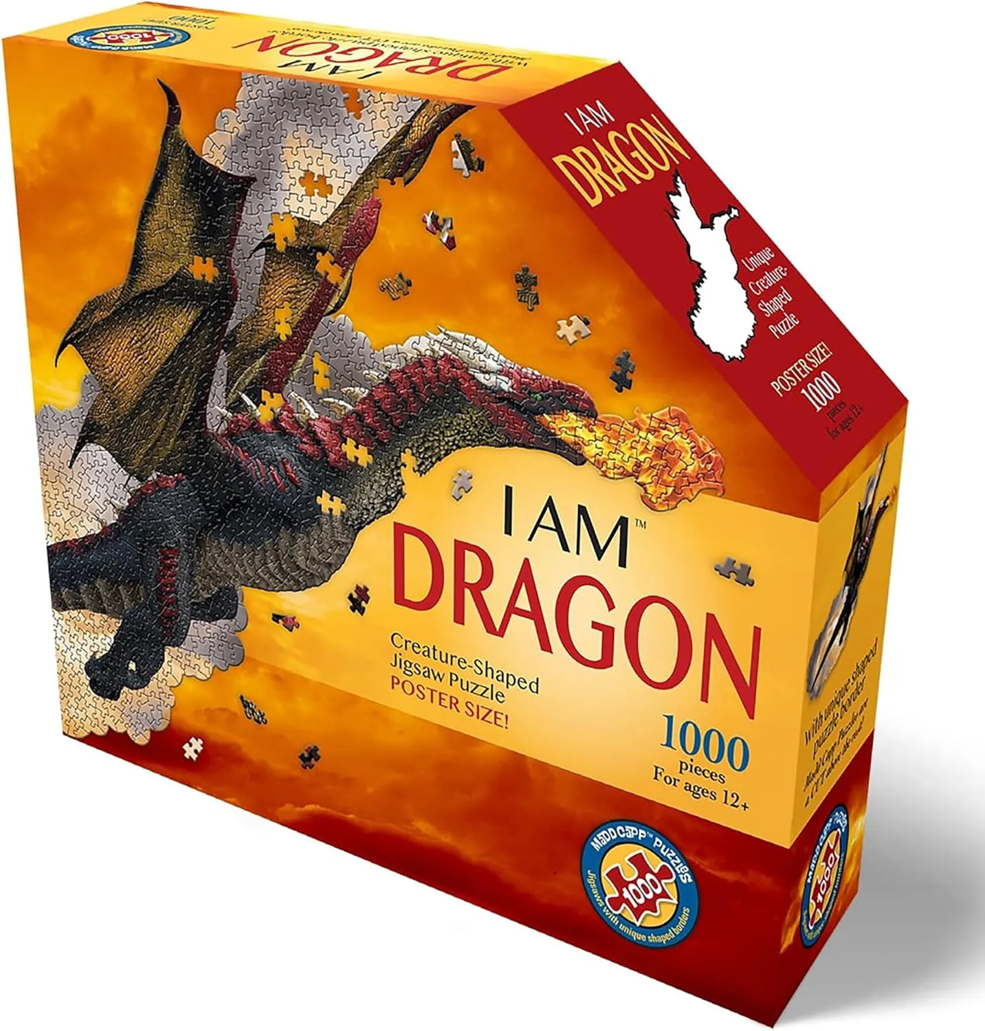 Madd Capp: I Am Dragon - 1000 Piece Dragon Shaped Jigsaw Puzzle, 41x20 Finished Size, Includes Educational Fun Fact Booklet, Fantasy Puzzle