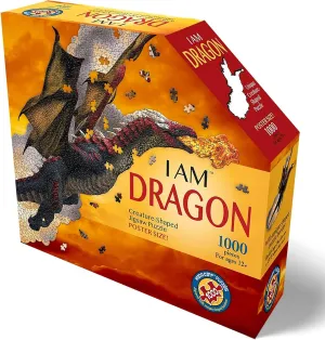 Madd Capp: I Am Dragon - 1000 Piece Dragon Shaped Jigsaw Puzzle, 41x20 Finished Size, Includes Educational Fun Fact Booklet, Fantasy Puzzle