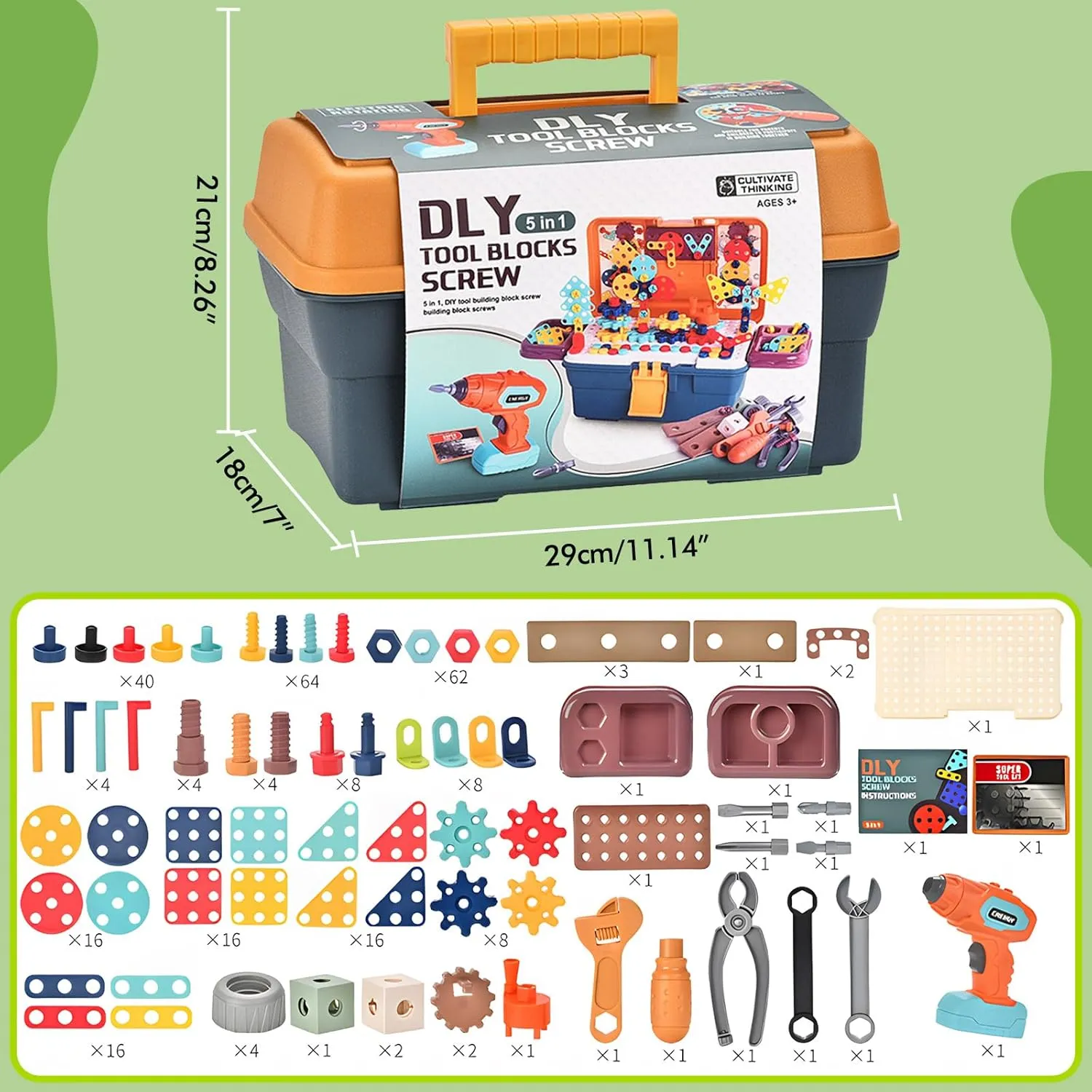 Magic Montessori Play Toolbox, 298Pcs Magic Montessori Play Toolbox with Drill, 2D/3D Creativity Tool Box Montessori Toys Gift for Age 3  Years Old Boys Kids, Girls