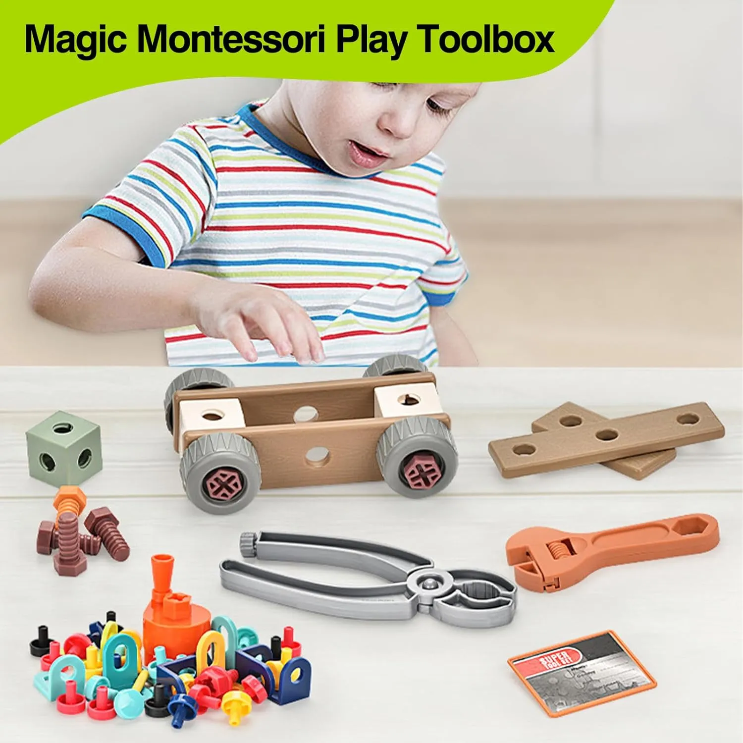Magic Montessori Play Toolbox, 298Pcs Magic Montessori Play Toolbox with Drill, 2D/3D Creativity Tool Box Montessori Toys Gift for Age 3  Years Old Boys Kids, Girls