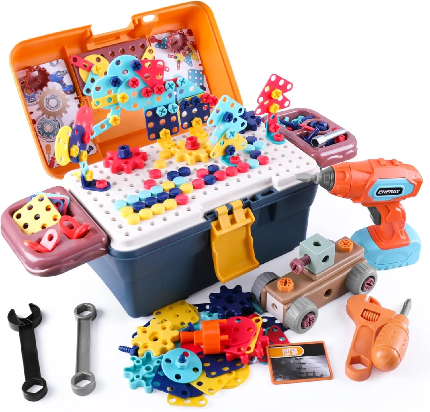 Magic Montessori Play Toolbox, 298Pcs Magic Montessori Play Toolbox with Drill, 2D/3D Creativity Tool Box Montessori Toys Gift for Age 3  Years Old Boys Kids, Girls