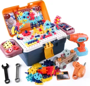 Magic Montessori Play Toolbox, 298Pcs Magic Montessori Play Toolbox with Drill, 2D/3D Creativity Tool Box Montessori Toys Gift for Age 3  Years Old Boys Kids, Girls