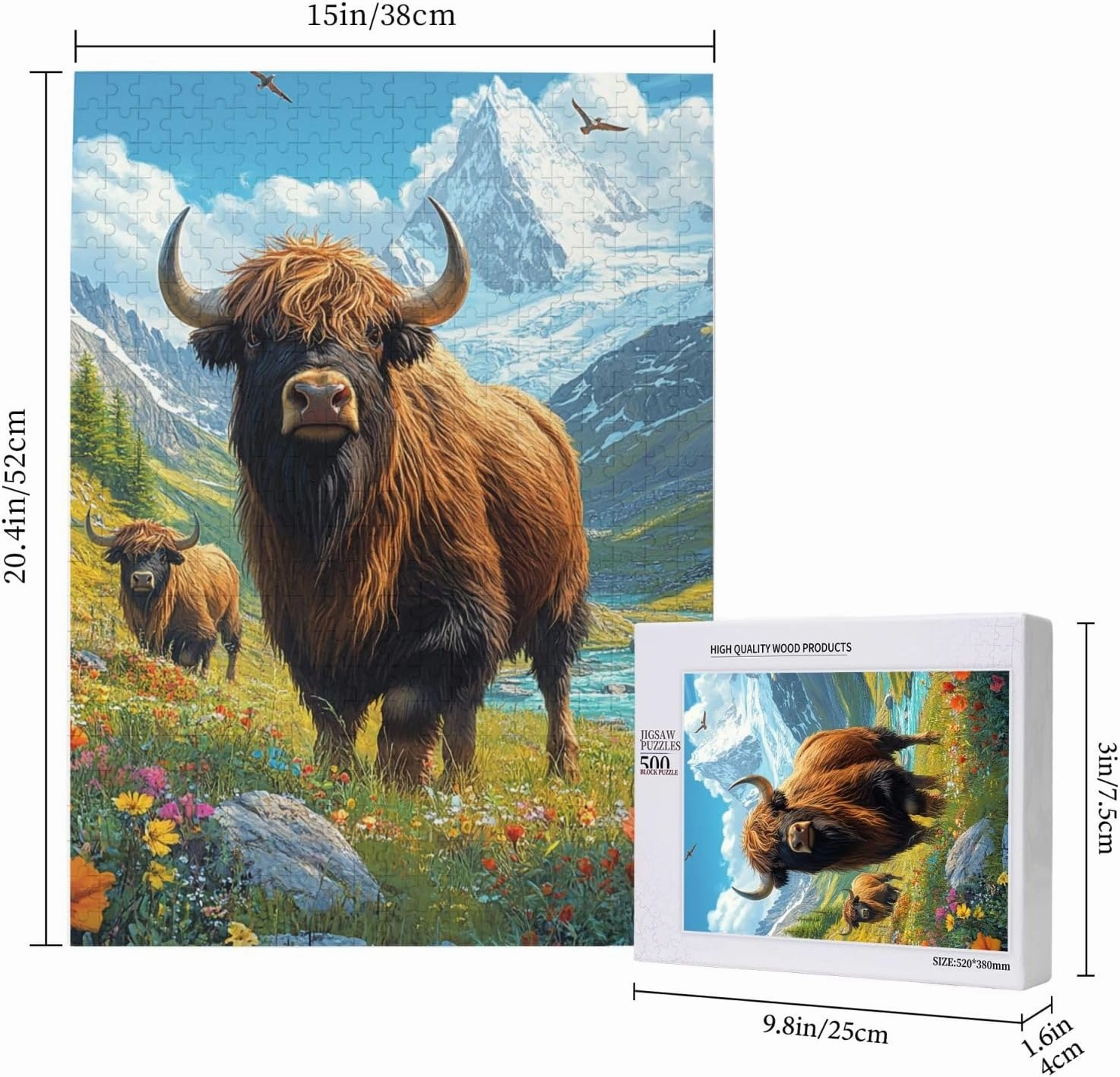 Majestic Yak in Grassland,500pcs Wooden Jigsaw Puzzle,Stunningly Vibrant Colors,Rugged Stress Relief,Premium Cut,Ideal for Relaxation and Family Fun,Gifts for Family and Friends
