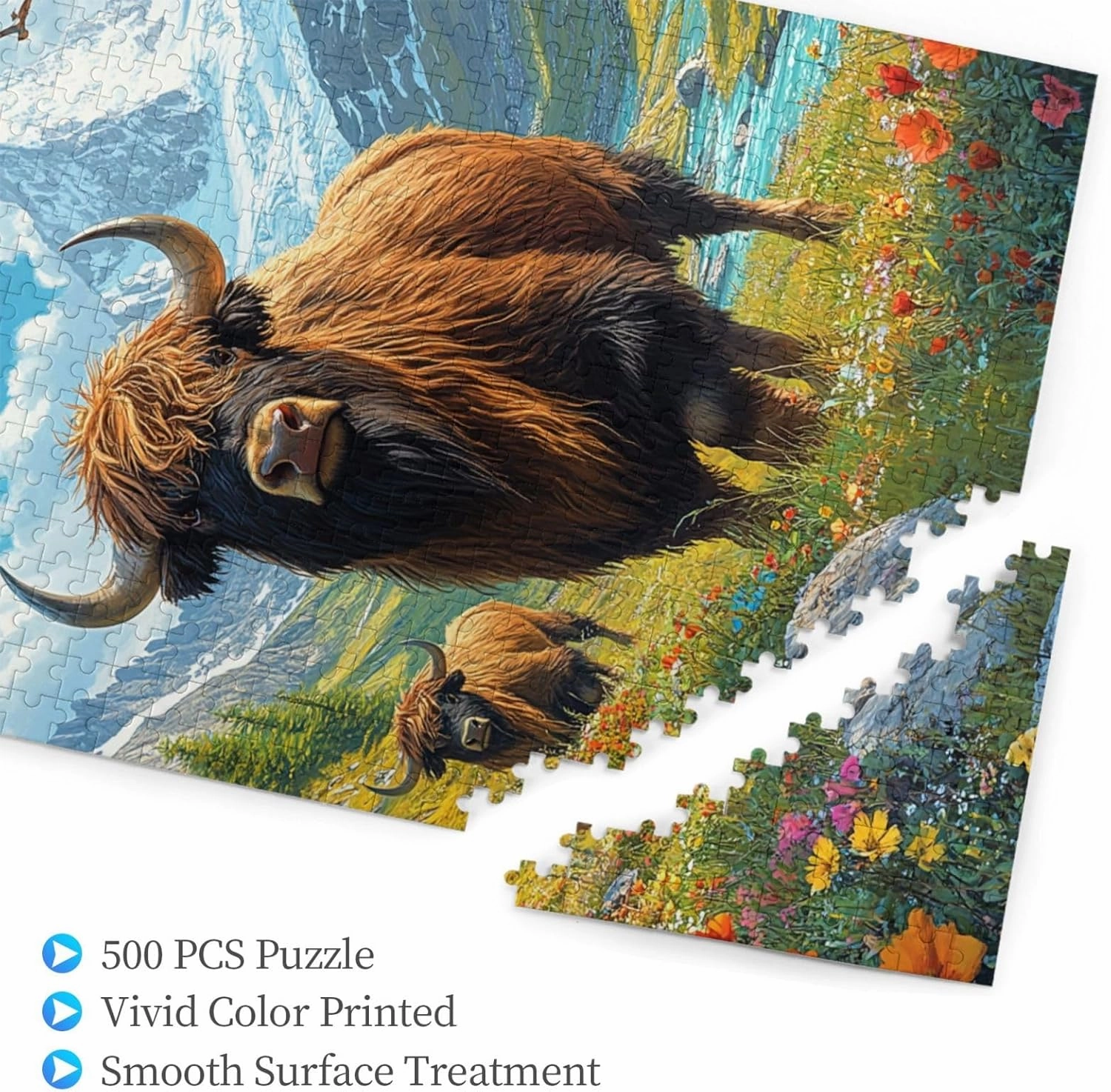Majestic Yak in Grassland,500pcs Wooden Jigsaw Puzzle,Stunningly Vibrant Colors,Rugged Stress Relief,Premium Cut,Ideal for Relaxation and Family Fun,Gifts for Family and Friends