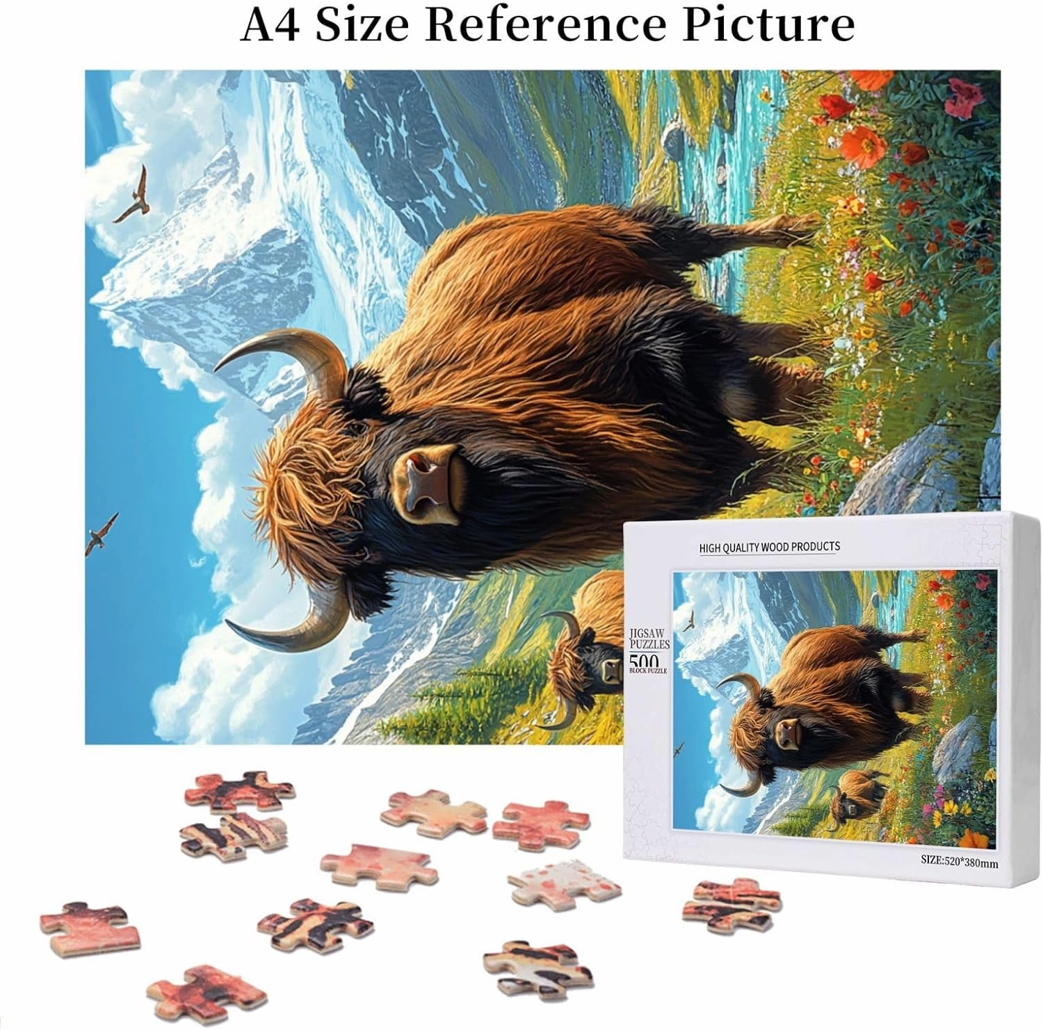 Majestic Yak in Grassland,500pcs Wooden Jigsaw Puzzle,Stunningly Vibrant Colors,Rugged Stress Relief,Premium Cut,Ideal for Relaxation and Family Fun,Gifts for Family and Friends