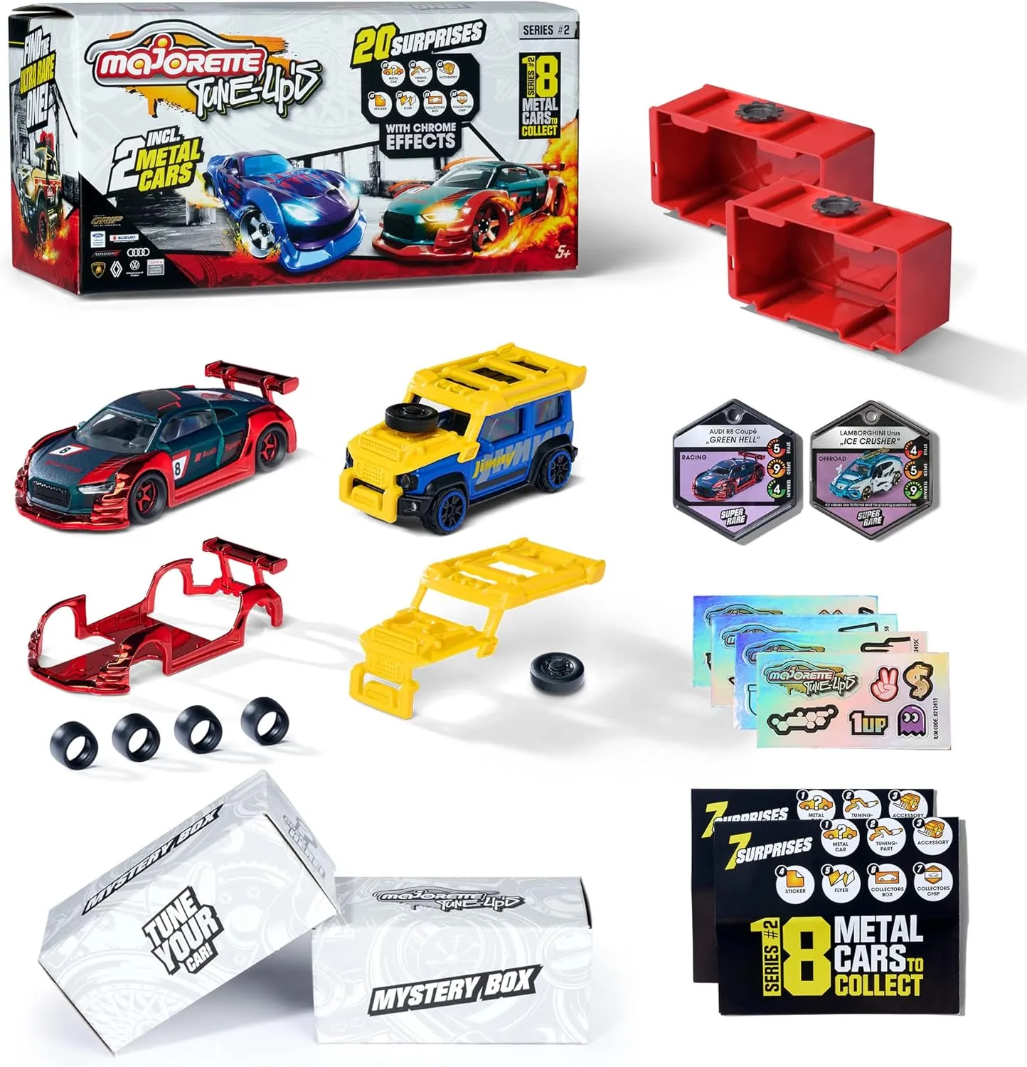 Majorette - Tune Up's Metal Cars Toy for Tuning, Pack 20 Surprises with 2 Cars, 8 Accessories, 4 Sheets of Stickers, 2 Tokens, 2 Flyers, 2 Collection Boxes, 212051008
