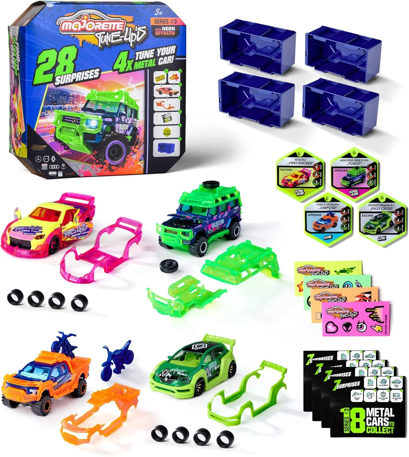 Majorette - Tune Ups Series 3 - Extra Large Tuning Box with 28 Surprises - 4 Neon Effect Cars to tune - For Kids from 5 years old - 7.5cm each - Random selection