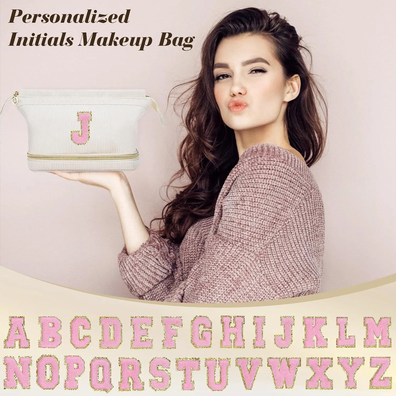Makeup Bag for Girls Gift, Personalized Graduation Gifts Initial Women Makeup Bag for Travel, Teacher Appreciation Gifts Preppy Make up Bag Cosmetic Bag 18th Birthday Gifts for Teen Girl Trendy - B
