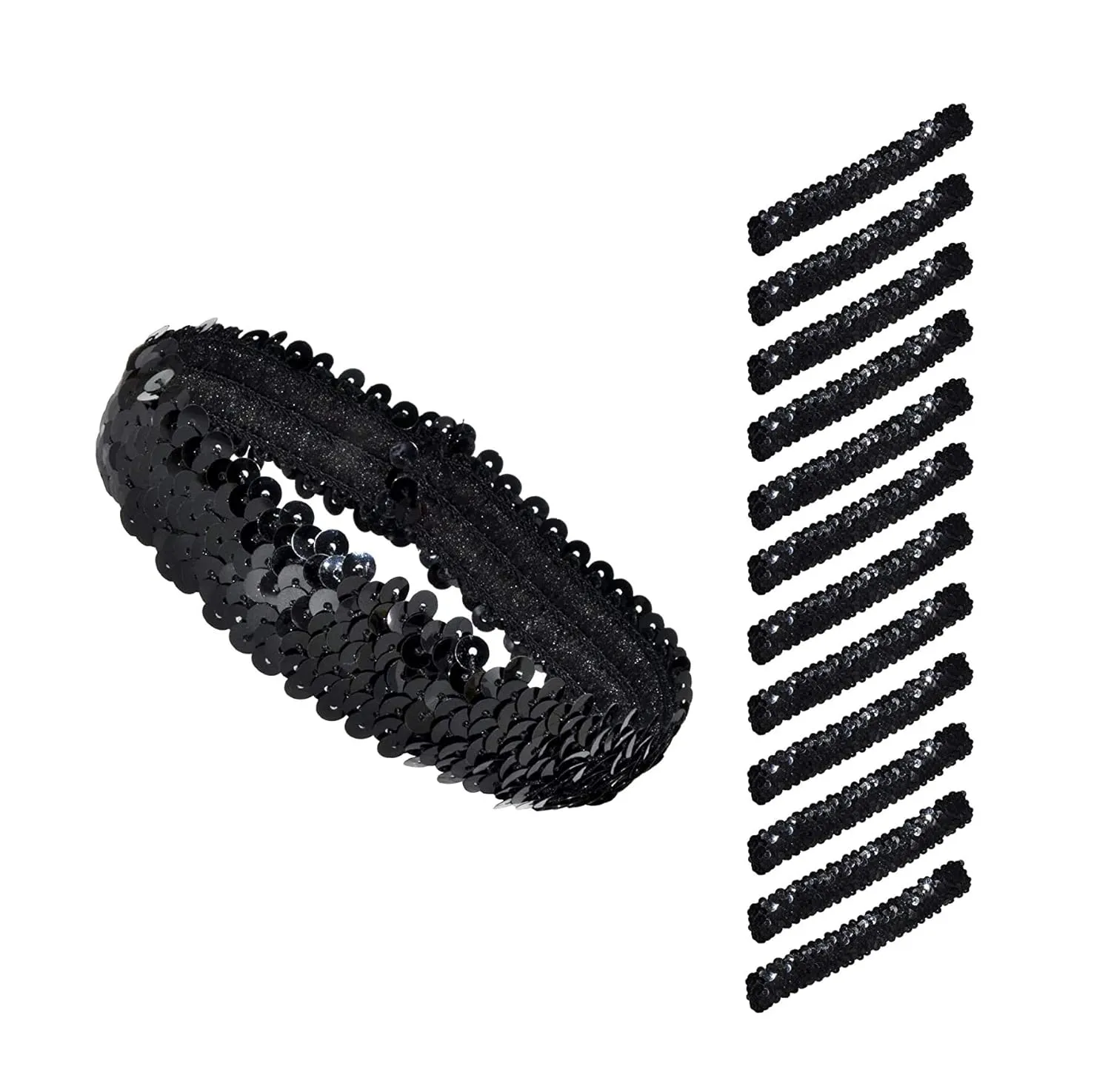 Mandala Crafts Black Sequins Headbands - 12 Elastic Sparkle Headbands for Women & Girls - Disco Accessories