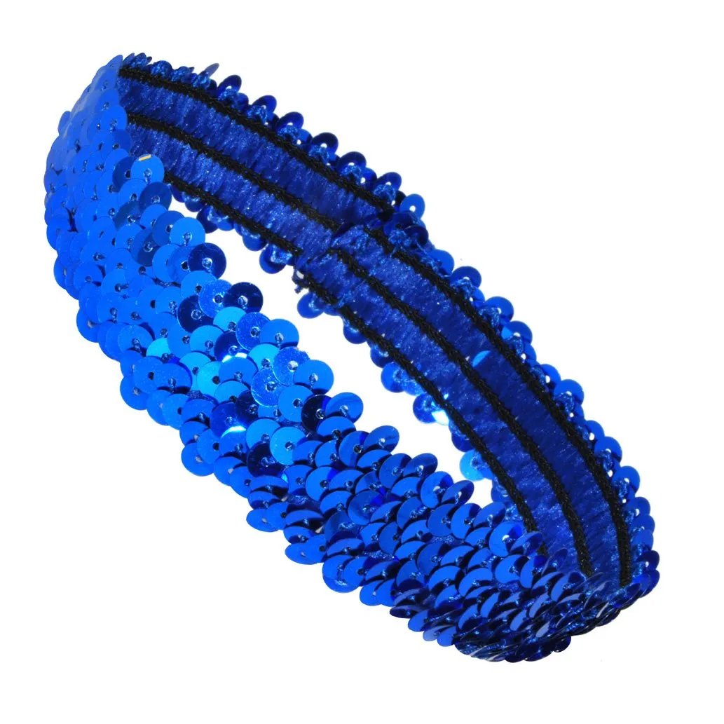 Mandala Crafts Blue Sequins Headbands for Women Girls - 12 Elastic Sparkle Bands for Disco Accessories - Glitter Headbands