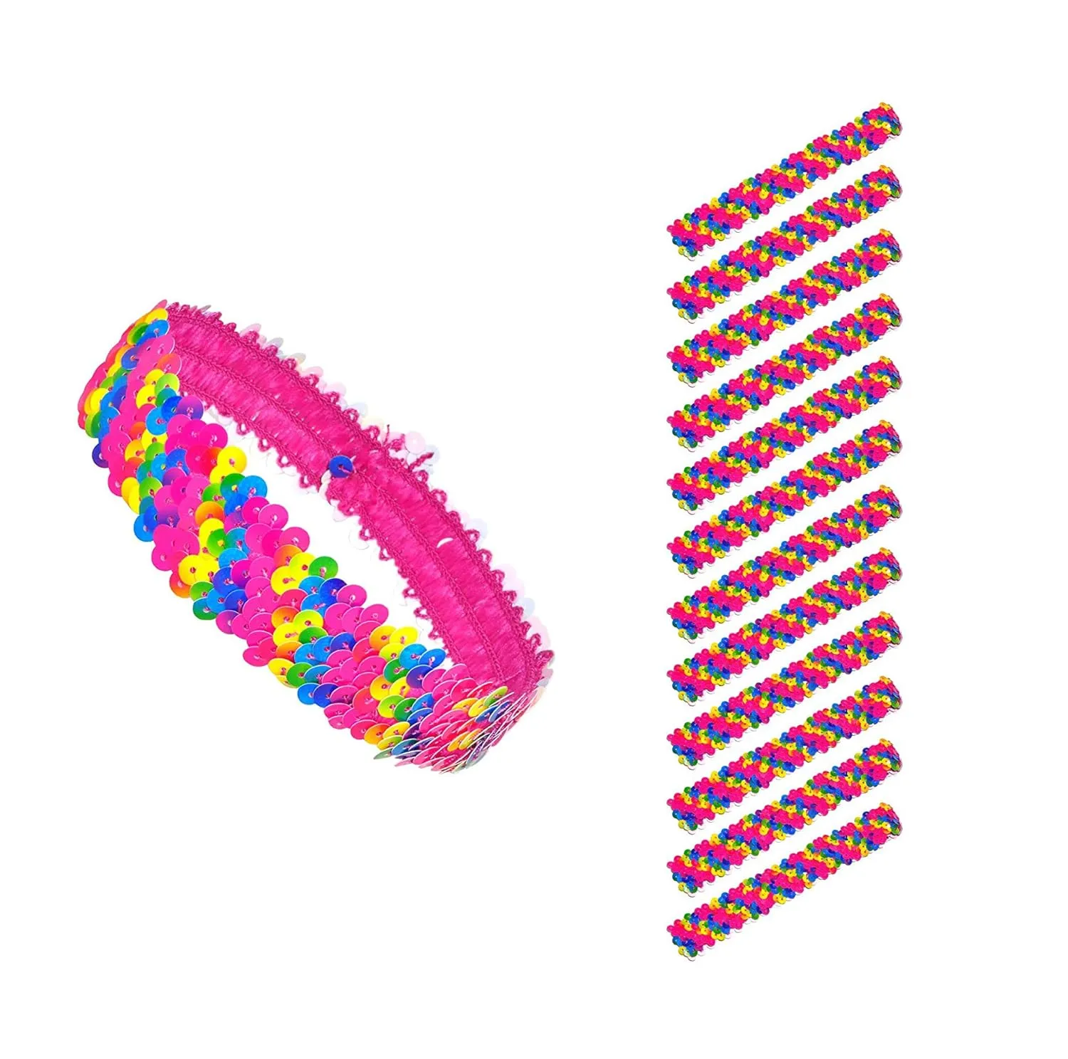 Mandala Crafts Rainbow Sequins Headbands for Women Girls - 12 Elastic Sparkle Disco Accessories, Glitter Bands