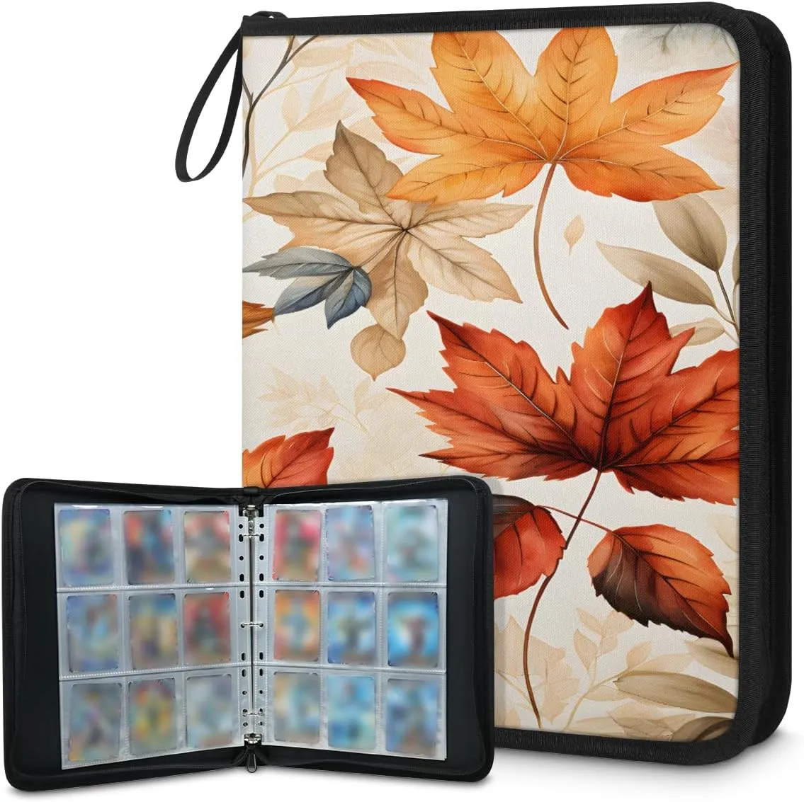 Maple Leaf Pattern 3 Ring Trading Zipper Binder Strap, Trading Card Binder 9 Pocket, 900 Pockets Card Holder with 50 Removable Sleeves for Game Cards
