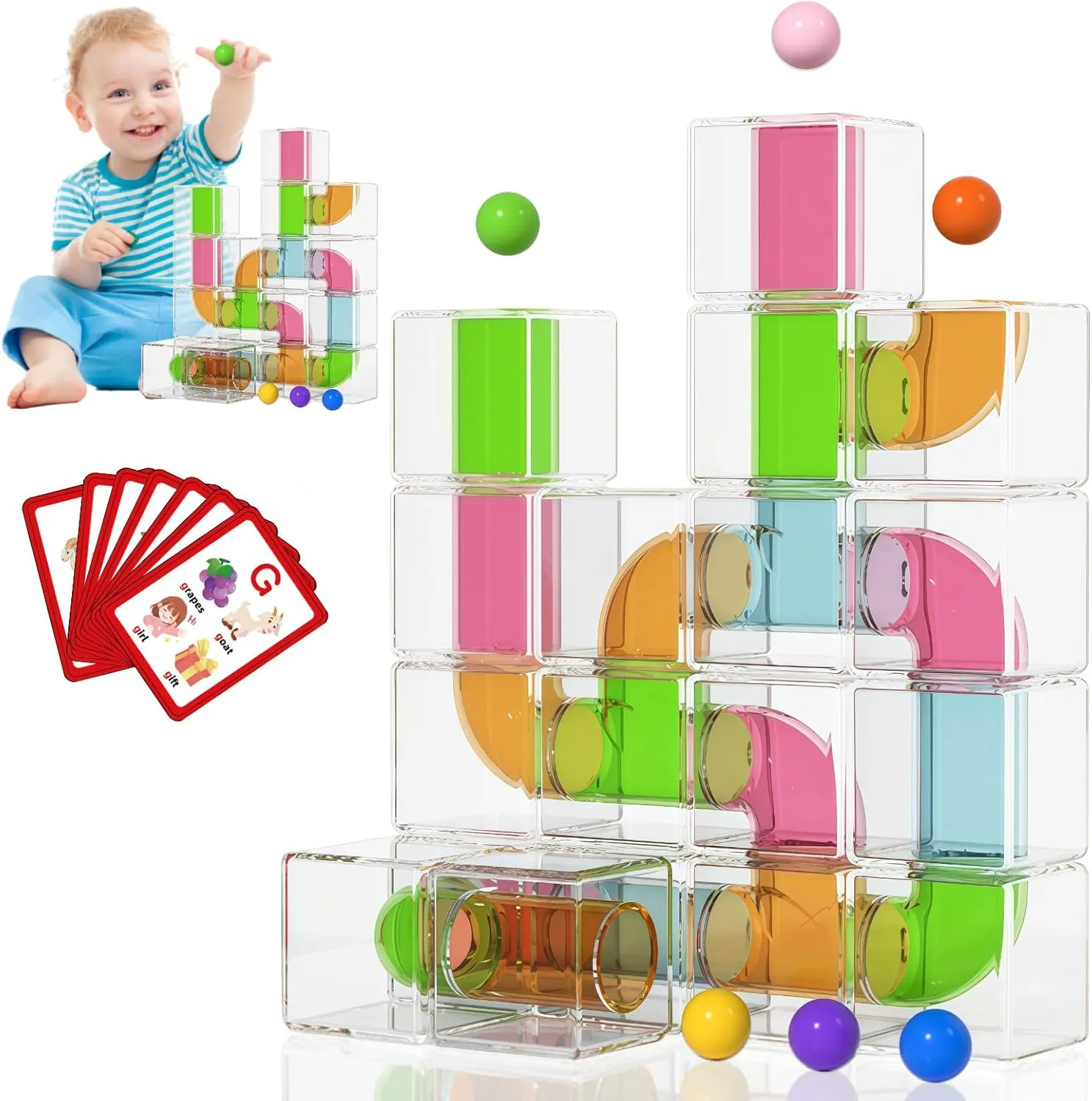 Marble Run - 24 PCS Building Cubes with Learning Cards, Transparent Puzzle Building Blocks Pipe Tube Inside, Educational STEM Toy for Kids Ages 3 , Sensory Gifts for Boys and Girls 3-5