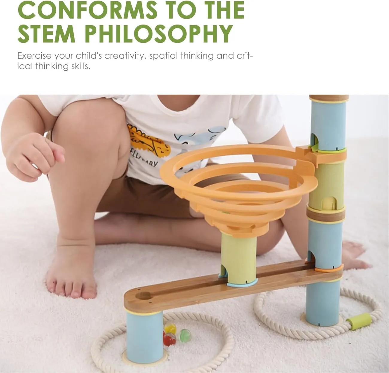 Marble Runs Building Toy, Bamboo Construction Toy Set with Ball, Simple Maze Toy Suitable for Age 4  Children