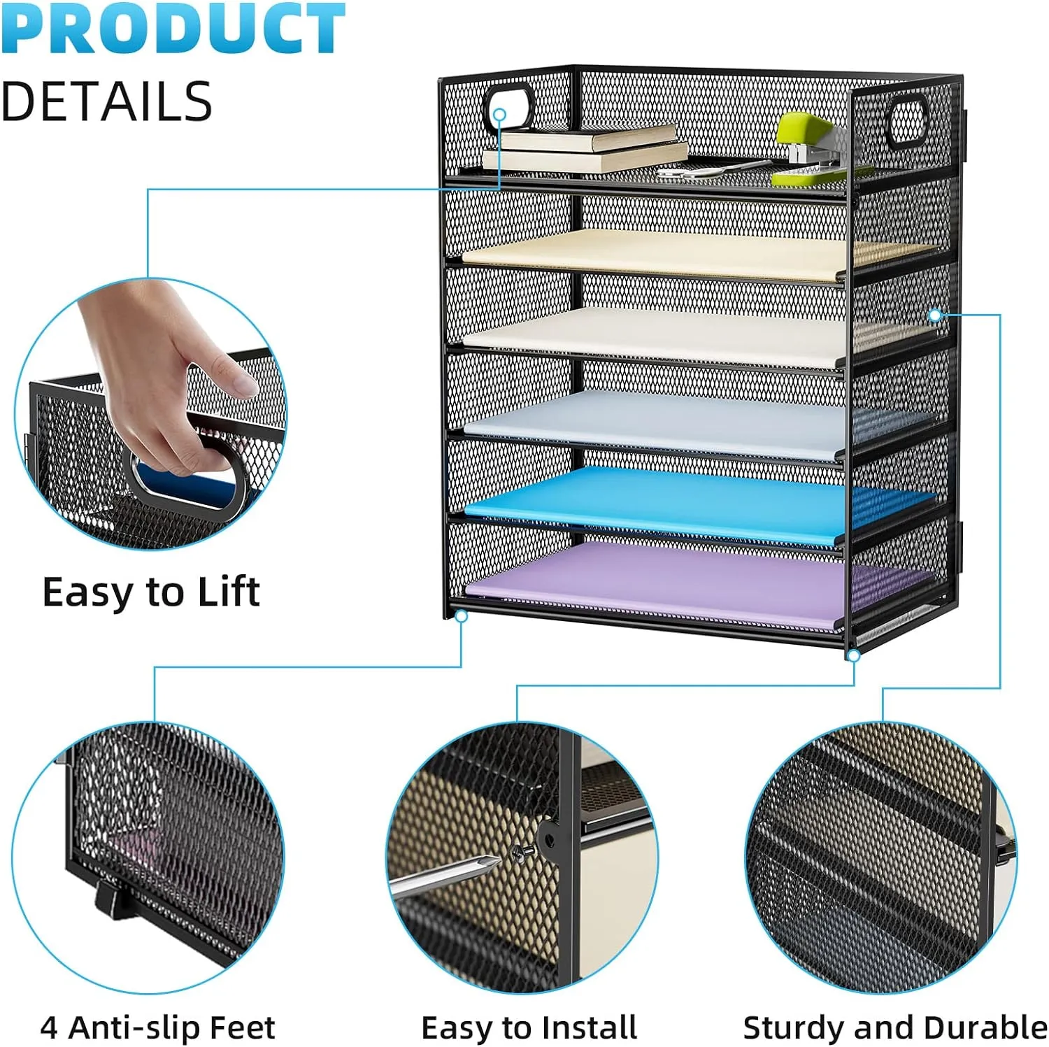 Marbrasse 2 Pack Desk Organizer with Handle, 6 Tier Paper Letter Tray, Mesh Desk File Organizer for Office, School and Home