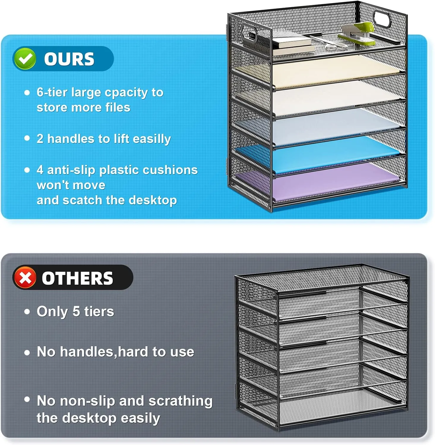 Marbrasse 2 Pack Desk Organizer with Handle, 6 Tier Paper Letter Tray, Mesh Desk File Organizer for Office, School and Home