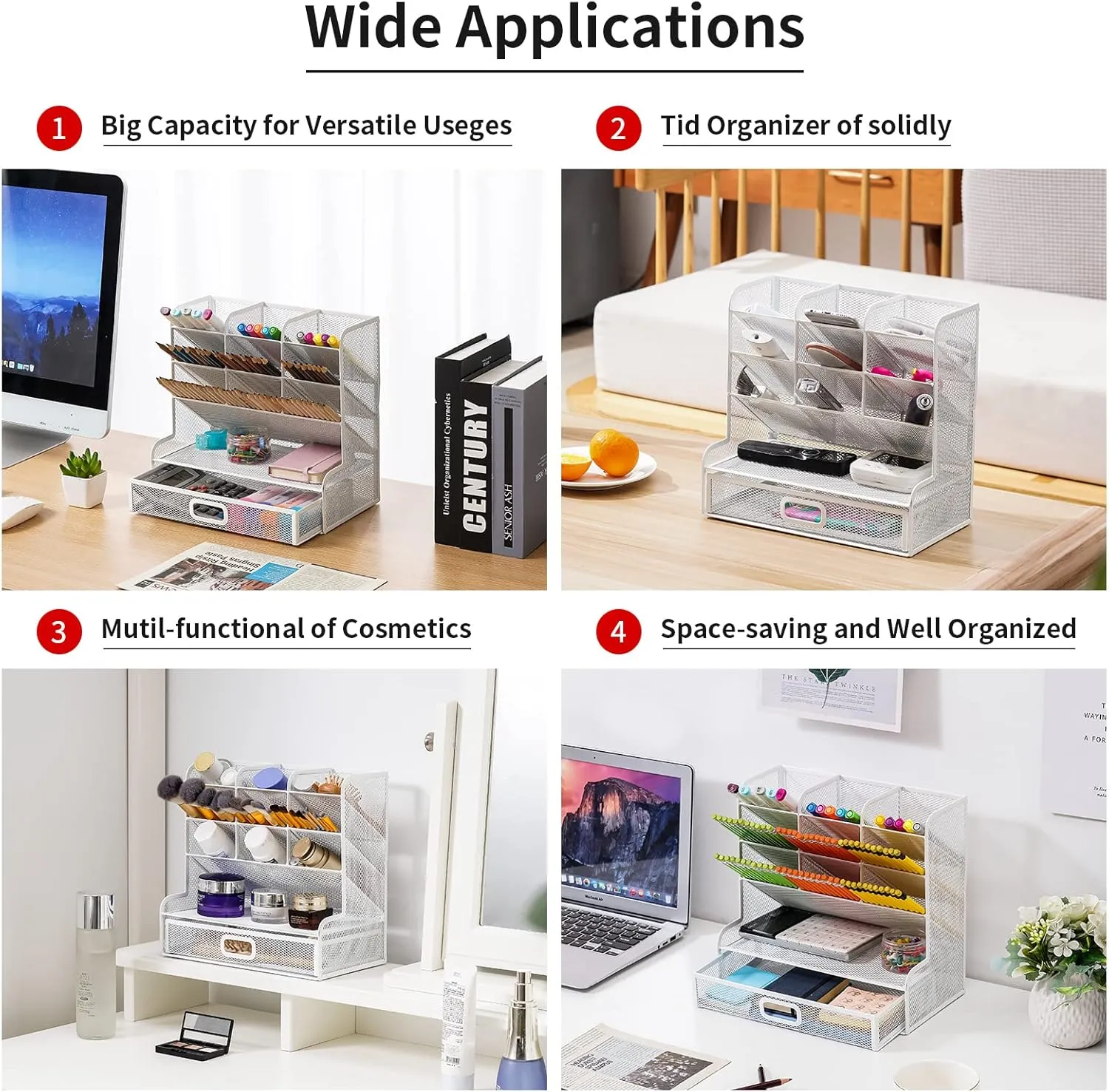 Marbrasse Mesh Desk Organizer - Multi-Functional Pen Holder with Drawer, Desktop Stationary Storage Rack for School, Home, Office, Art Supplies (White Mesh)