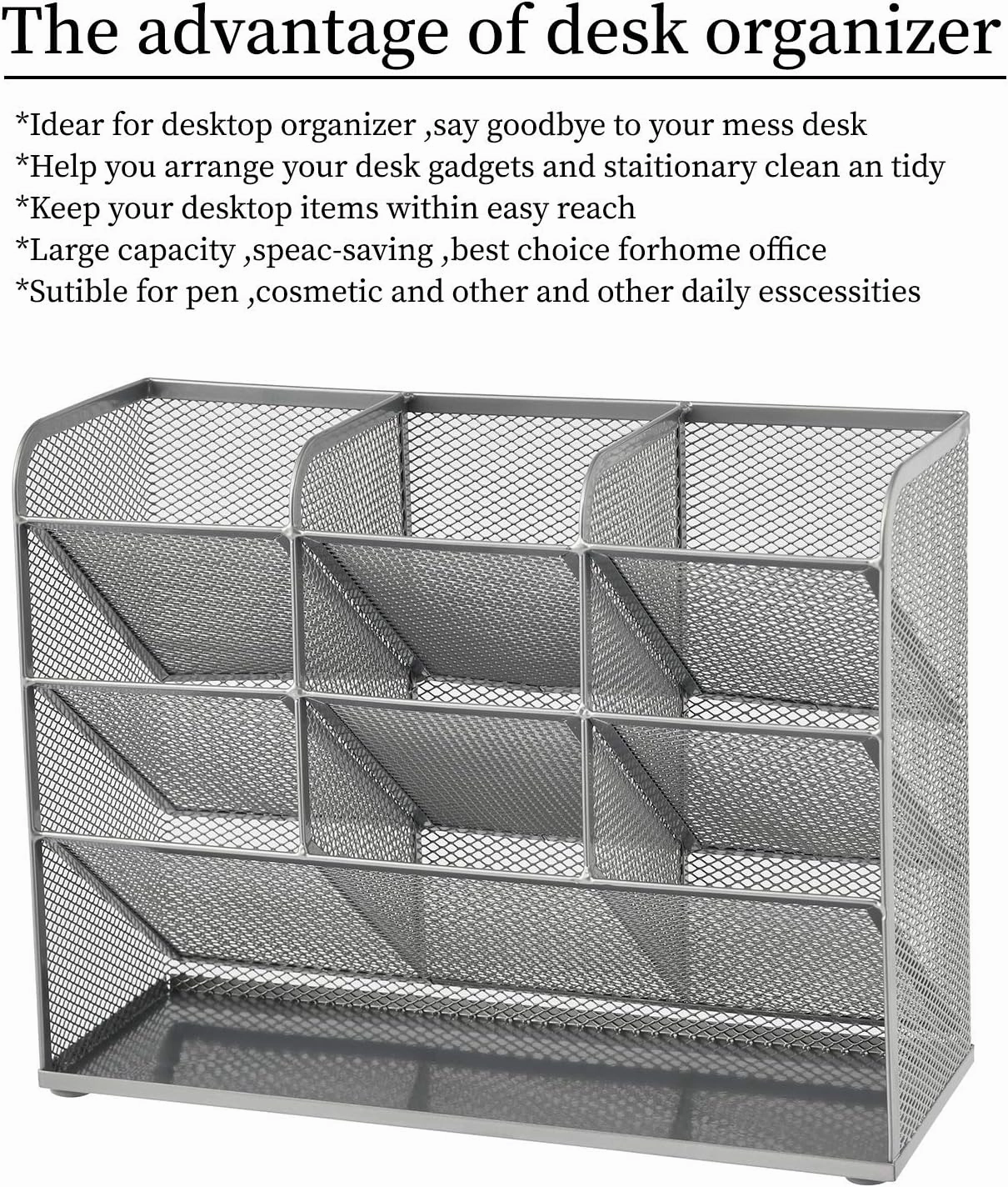 Marbrasse Mesh Desk Organizer, Multi-Functional Pen Holder, Desktop Stationary Organizer, Storage Rack for School, Home, Office, Art Supplies (Mesh Pen Holder-Silver)