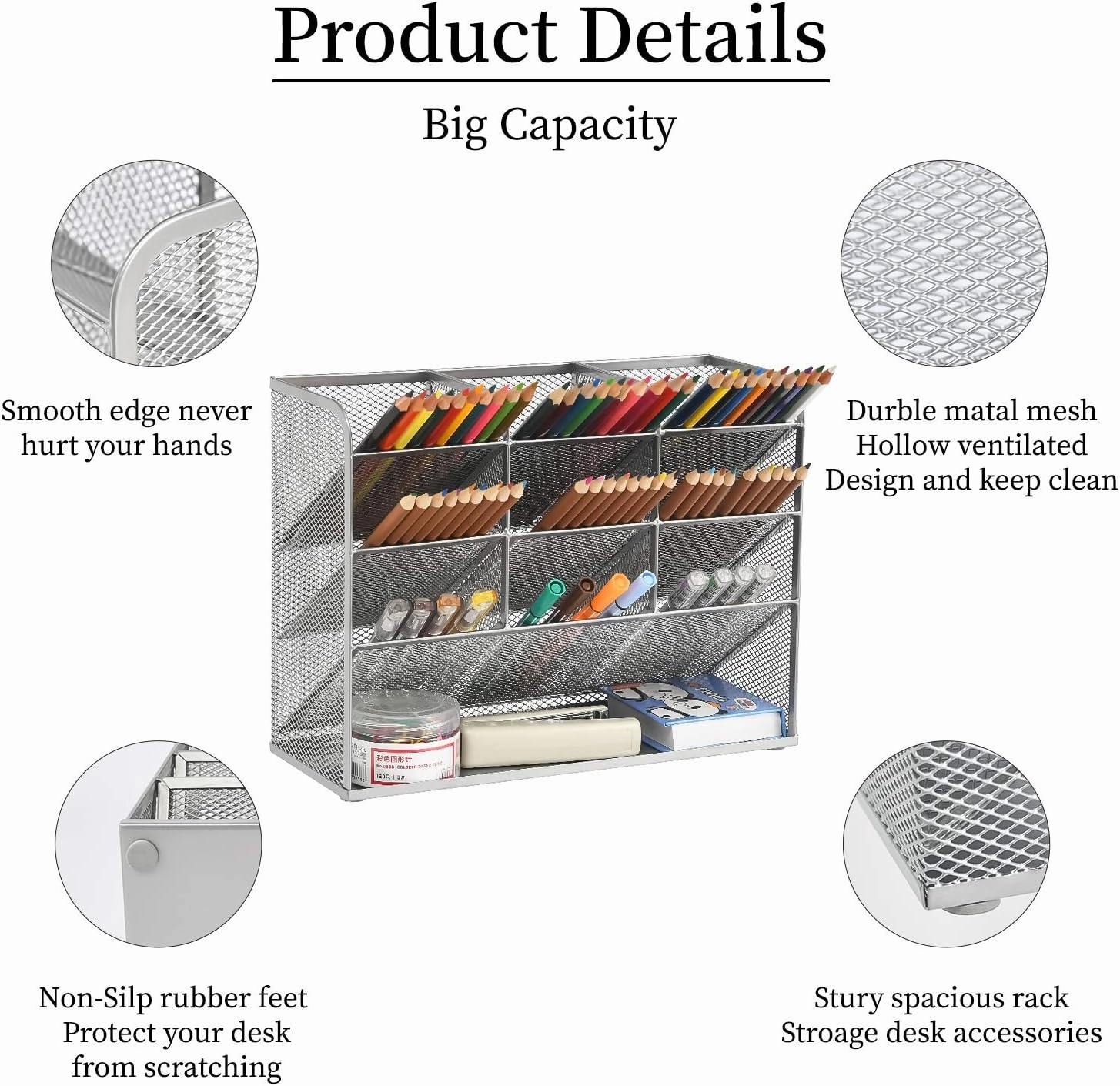 Marbrasse Mesh Desk Organizer, Multi-Functional Pen Holder, Desktop Stationary Organizer, Storage Rack for School, Home, Office, Art Supplies (Mesh Pen Holder-Silver)