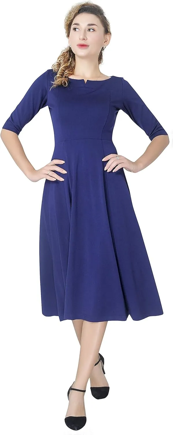 Marycrafts Women's Fit Flare Tea Midi Dress for Office Business Work