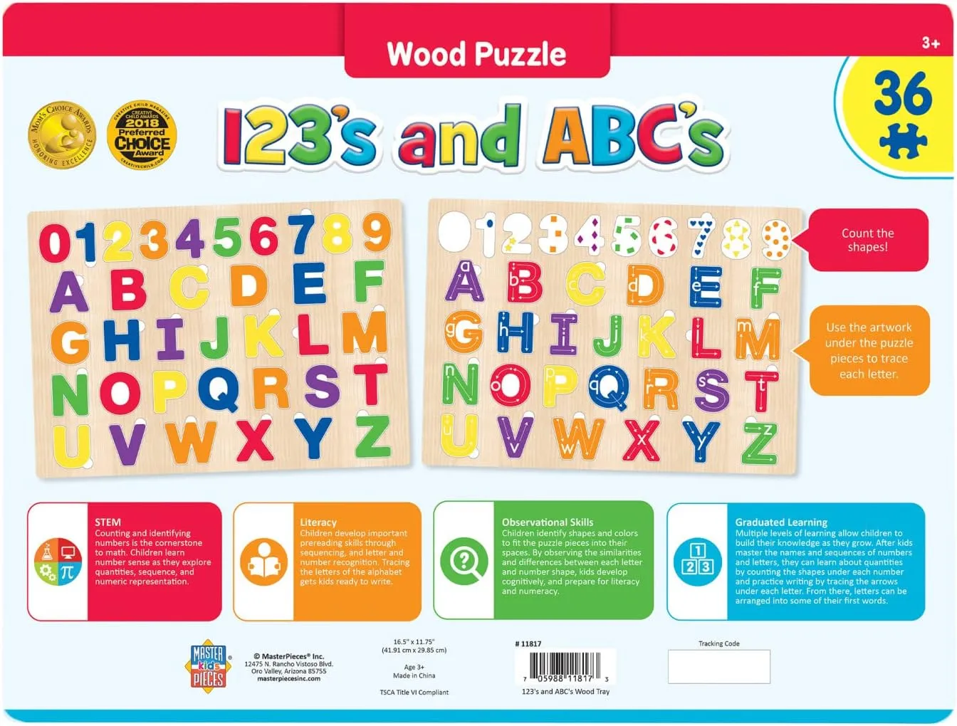 MasterPieces 44 Piece Jigsaw Puzzle for Kids - ABC 123 36pc Wood Puzzle - 16.5"x11.8"