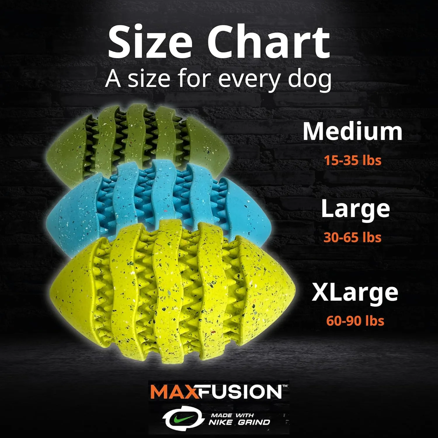 Max Fusion with Nike Grind, Arlee Spiro Football Treat Dispensing Dog Toy, Durable Dog Treat Toy, L