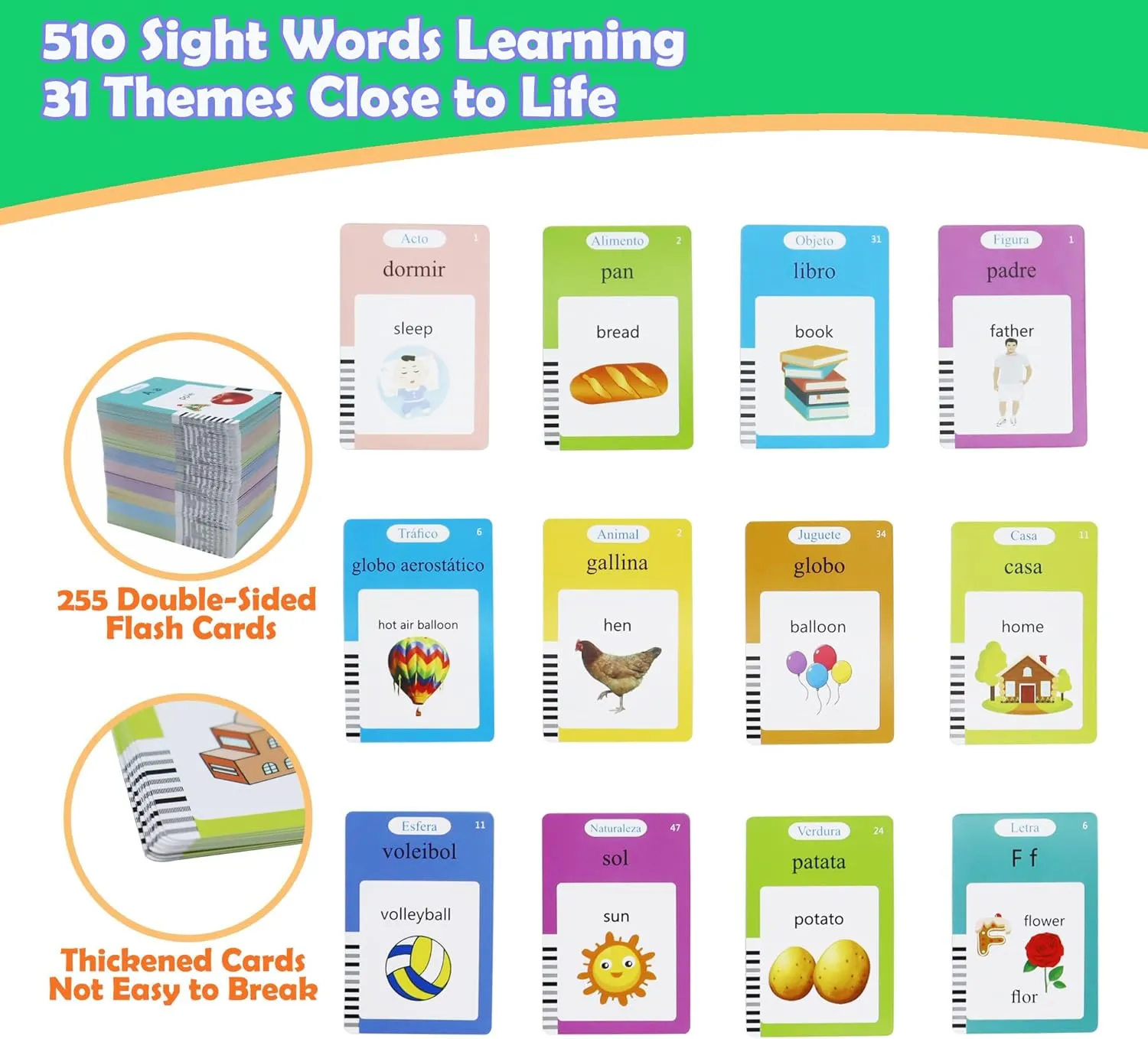 MAYAPHILOS Spanish and English Bilingual Talking Flash Cards with 510 Sight Words, Learning Toys for Toddlers Autism Learning Materials Montessori Toys for Toddlers