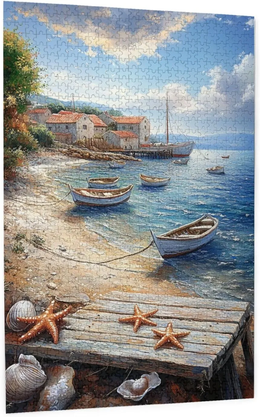 Mediterranean Seaside Fishing Villages, Vibrant Wall Art, Puzzles for Adults 1000 Pieces, Brainstorming Games and Party Stress relievers, Forget About The Worries of Life and School
