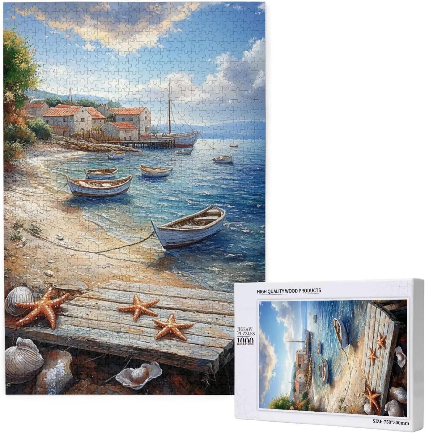 Mediterranean Seaside Fishing Villages, Vibrant Wall Art, Puzzles for Adults 1000 Pieces, Brainstorming Games and Party Stress relievers, Forget About The Worries of Life and School