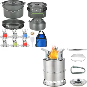 MEETSUN Camping Cookware Mess Kit 37 PCs,Large Size Hanging Pot with Camping Cooking Set Carry Bag for 6 Person,Mini Wood Camping Stove,Backpacking Stove for Survial Outdoor
