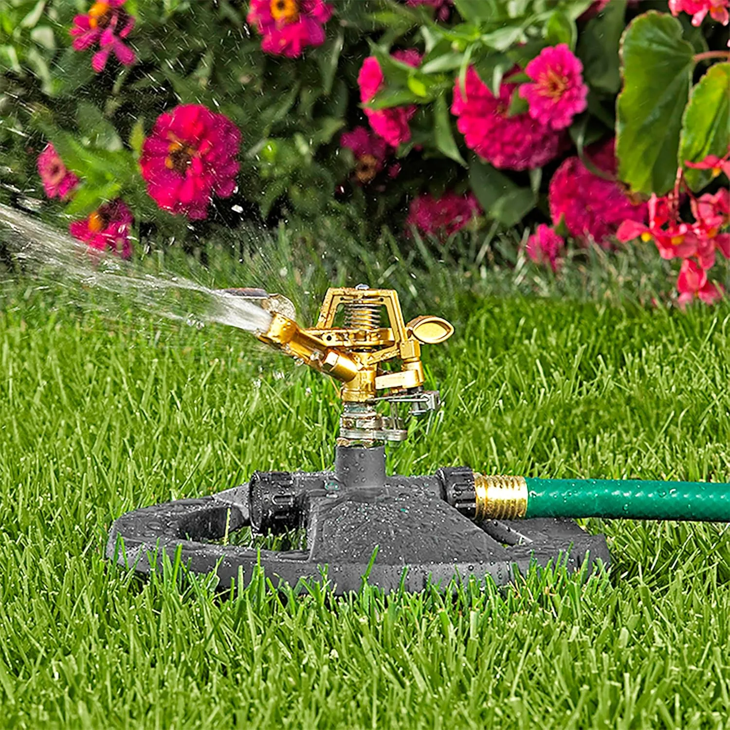 Melnor 65195AMZ Pulsating Lawn Sprinkler with Weighted Base- Adjustable Spray Pattern - Waters Up to 85' Diameter - Durable All-Metal Construction - Easy Unit-to-Unit Connections
