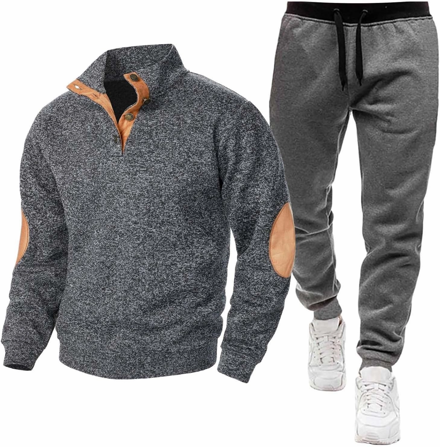 Men Sport Set Stand Collar Button Down Long Sleeve Elbow Patch Sweatshirt Pant Sport Set Fashion Workout Jogging Suit