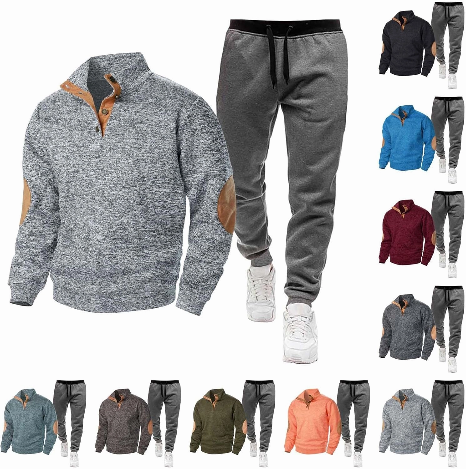 Men Sport Set Stand Collar Button Down Long Sleeve Elbow Patch Sweatshirt Pant Sport Set Fashion Workout Jogging Suit