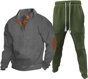Mens 2 Piece Sweatsuits Sets Stand Collar Button Elbow Patch Long Sleeve Sweatshirts Pants Outdoor Loose Sport Suits