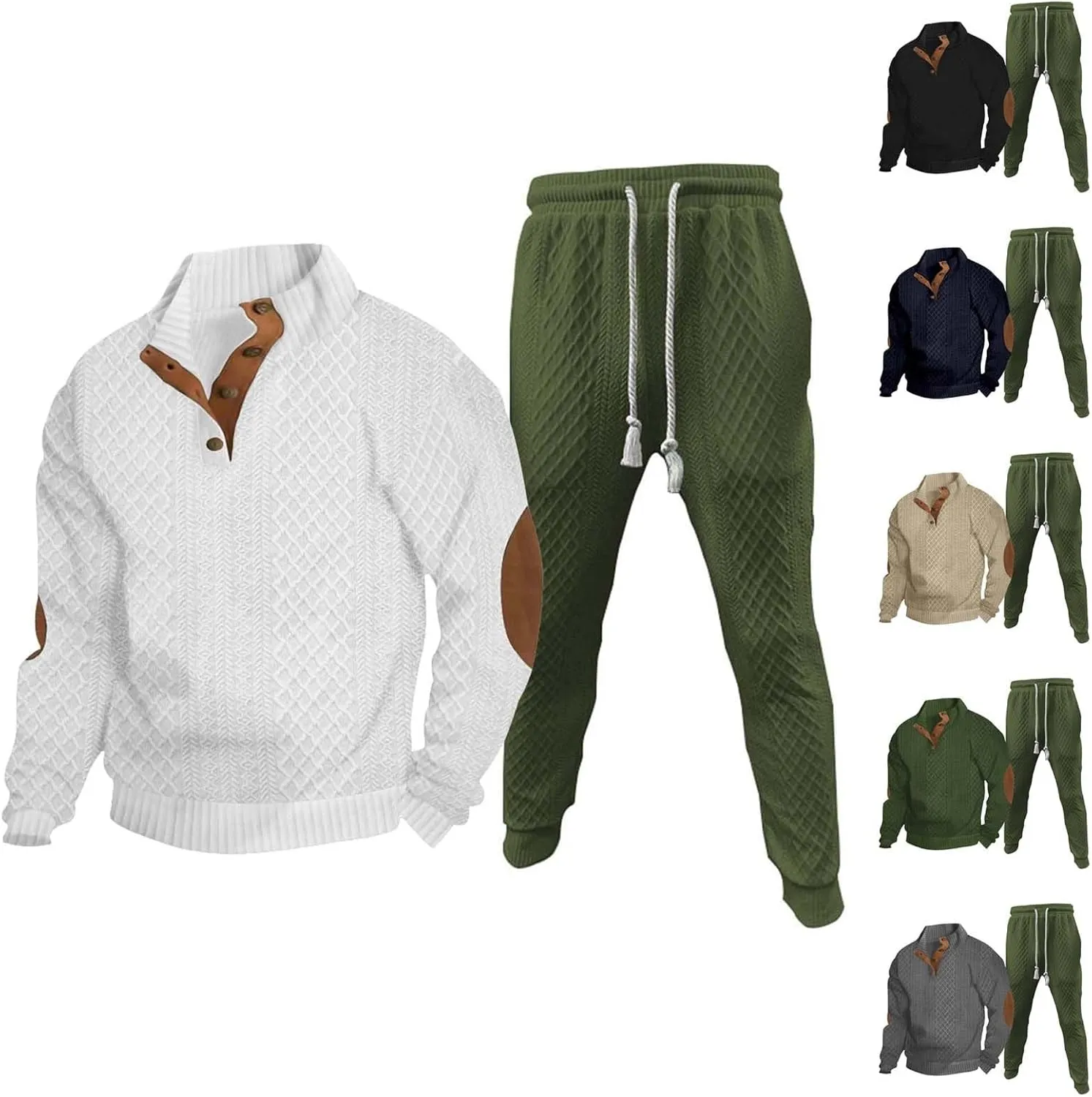 Mens 2 Piece Sweatsuits Sets Stand Collar Button Elbow Patch Long Sleeve Sweatshirts Pants Outdoor Loose Sport Suits