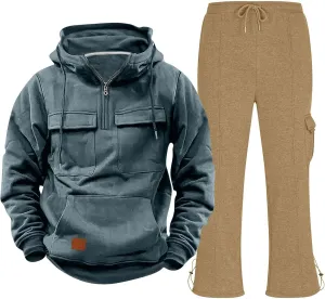 Mens Sweatsuit 2 Piece Quarter Zip Pocket Long Sleeve Hoodies Straight Leg Trousers Tactical Training Sport Clothes