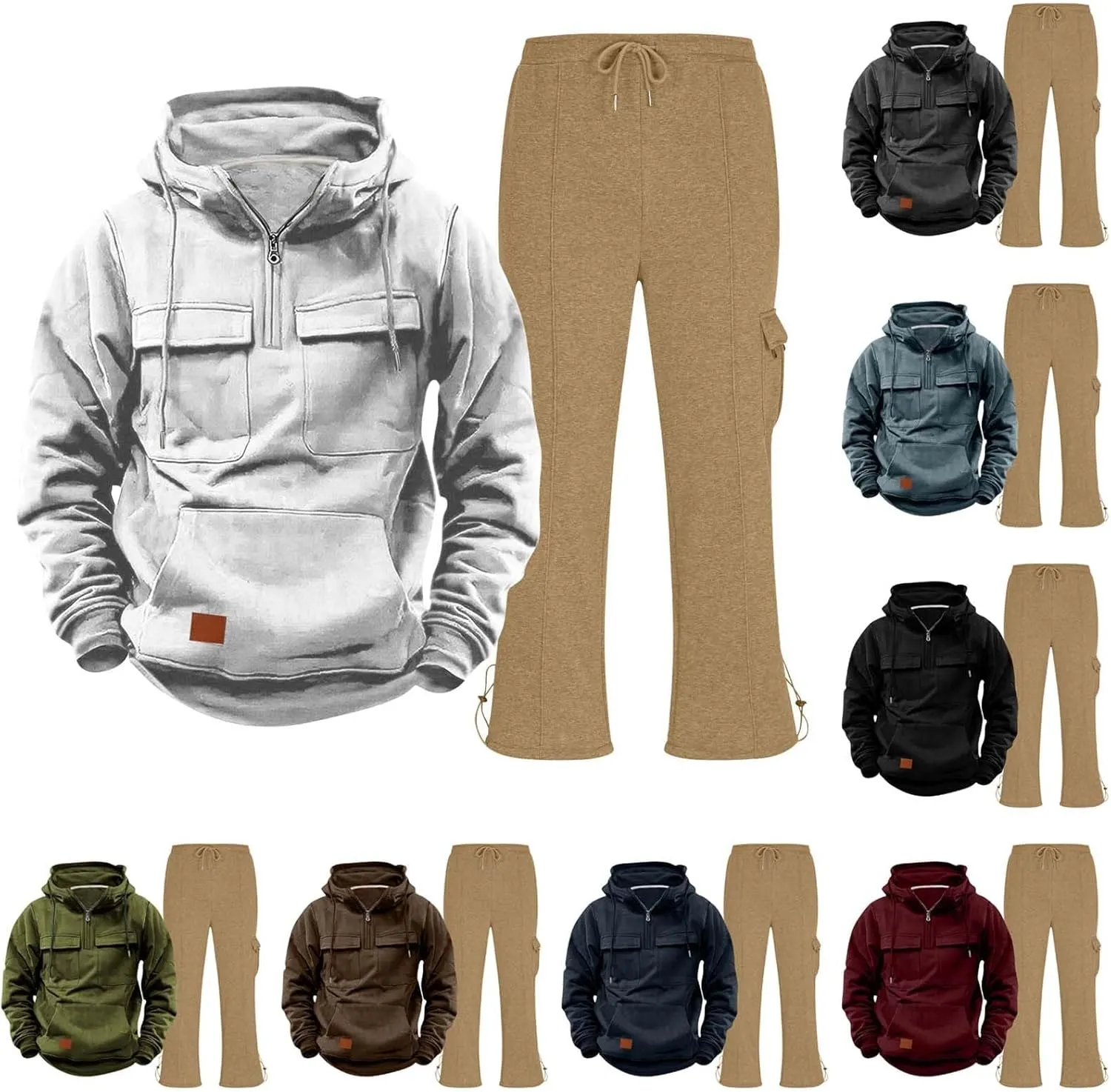 Mens Sweatsuit 2 Piece Quarter Zip Pocket Long Sleeve Hoodies Straight Leg Trousers Tactical Training Sport Clothes