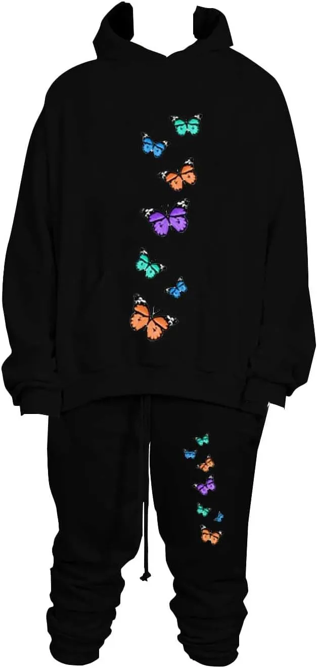 Men's Sweatsuits Butterfly Printed Long Sleeve Oversized Hooded Sweatshirt Tapered Bound Feet Pants Casual Streetwear