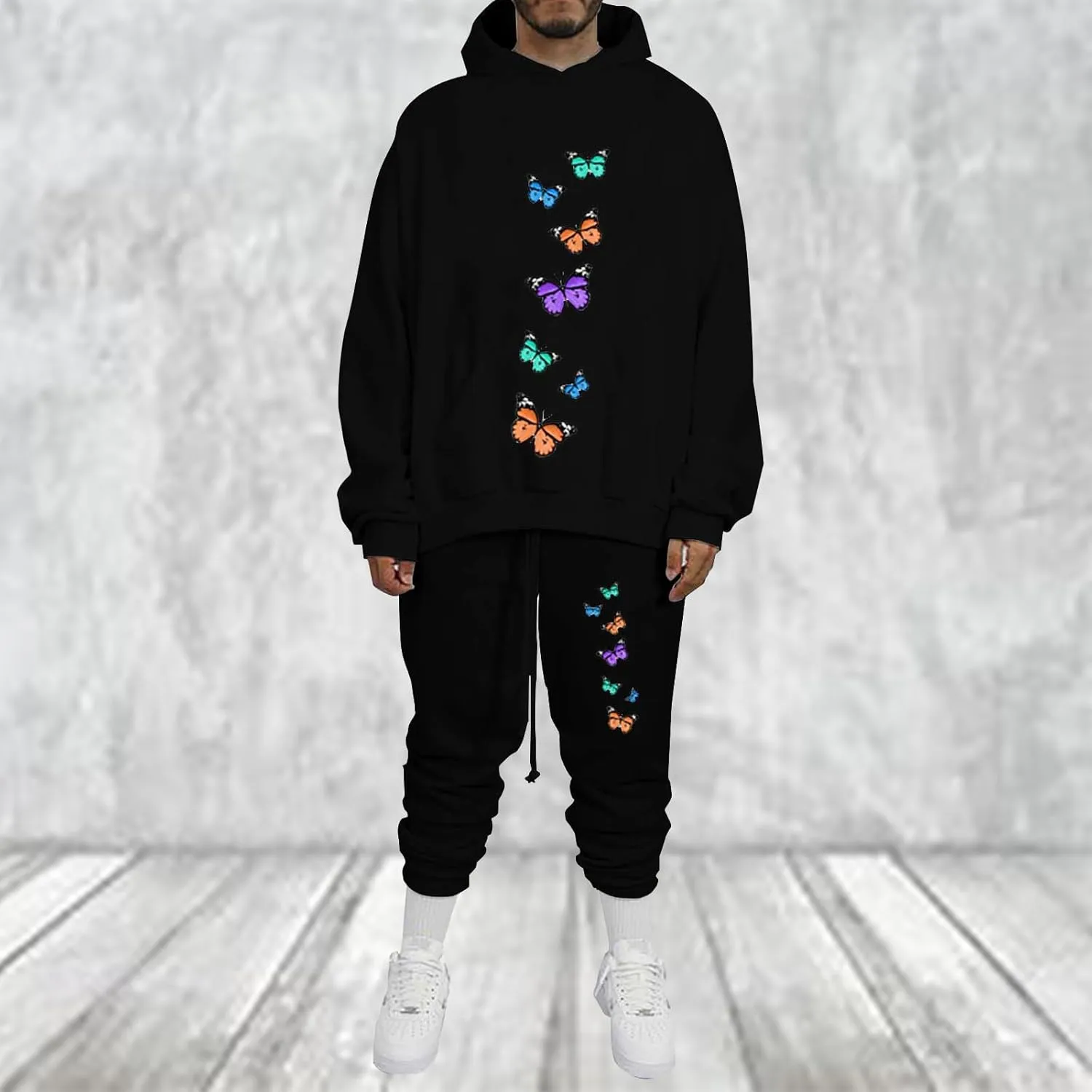 Men's Sweatsuits Butterfly Printed Long Sleeve Oversized Hooded Sweatshirt Tapered Bound Feet Pants Casual Streetwear