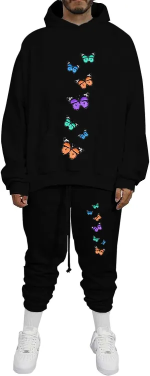 Men's Sweatsuits Butterfly Printed Long Sleeve Oversized Hooded Sweatshirt Tapered Bound Feet Pants Casual Streetwear