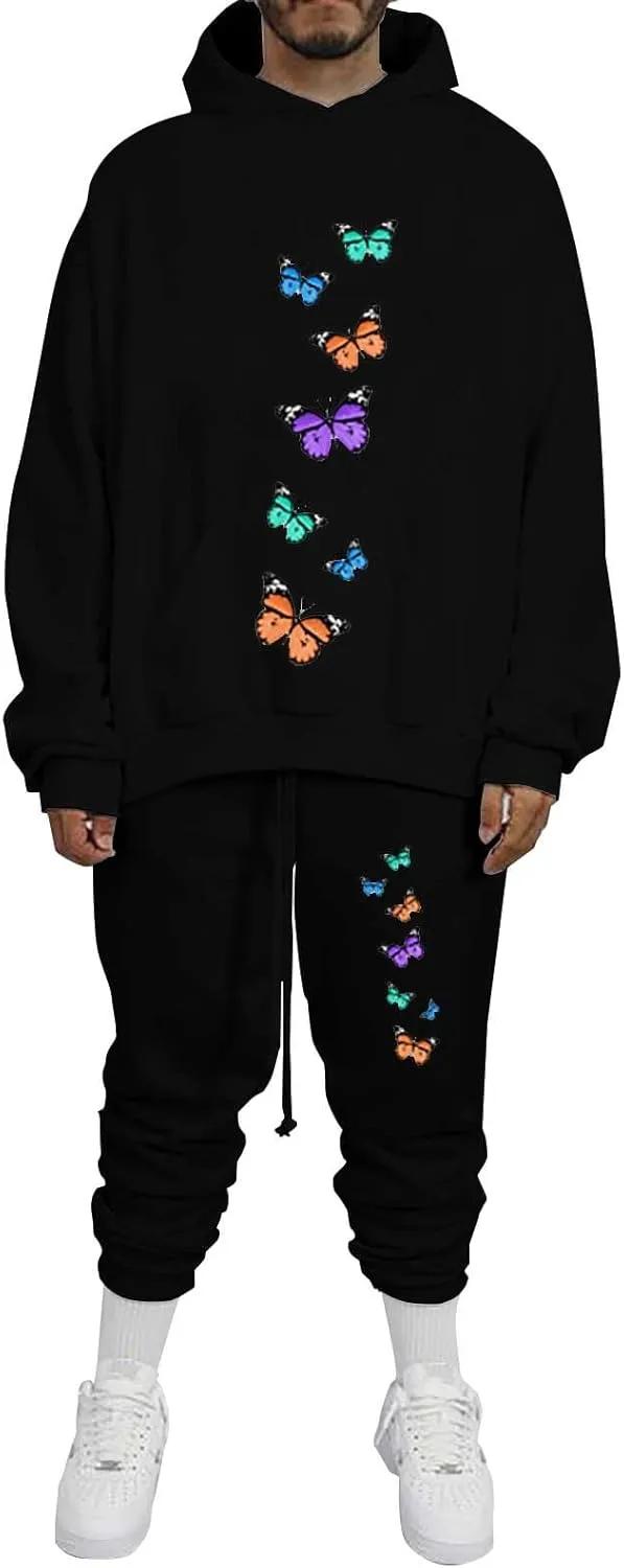 Men's Sweatsuits Butterfly Printed Long Sleeve Oversized Hooded Sweatshirt Tapered Bound Feet Pants Casual Streetwear