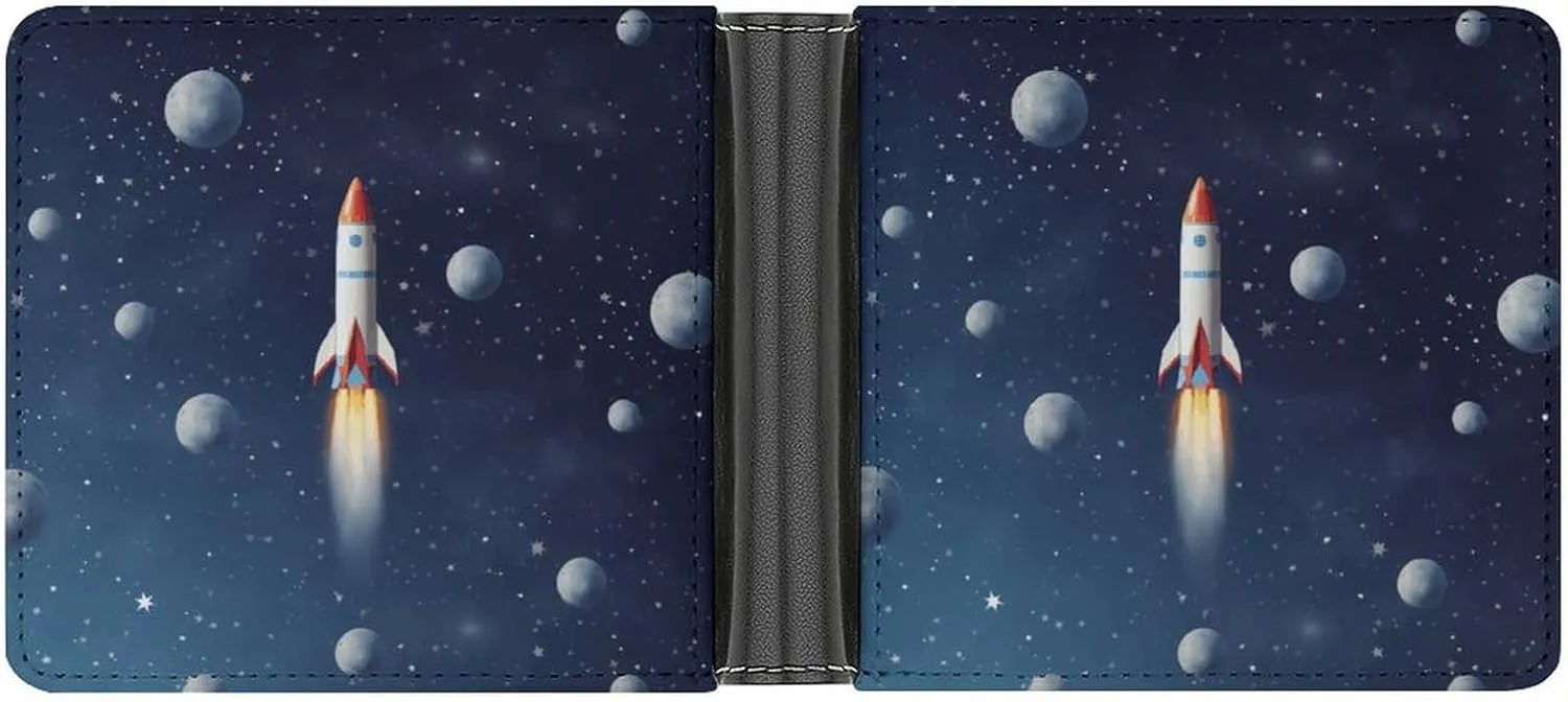 Menâ€™s Wallets,mens Leather Wallet,Rocket in Space Print Leather Wallet,suitable for Daily Travel Use