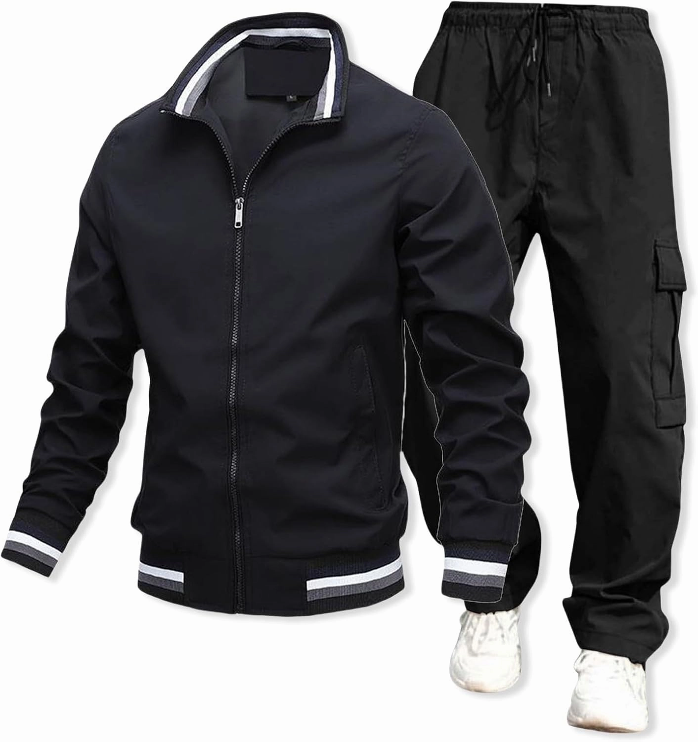 Mens Jacket Overalls 2 Piece Stand Collar Zipper Long Sleeve Jacket Trousers Spring Fall Casual Sport Set with Pocket
