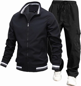 Mens Jacket Overalls 2 Piece Stand Collar Zipper Long Sleeve Jacket Trousers Spring Fall Casual Sport Set with Pocket