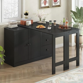 Merax Sideboard Buffet Cabinet with Extendable Table, Wood Versatile Cupboard with 3 Storage Drawers, Suitable for Study, Entrance and Living Room, Black