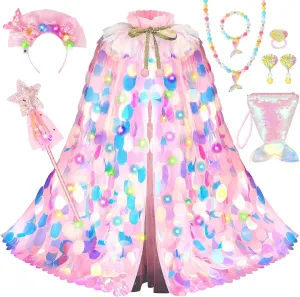 Mermaid Toys Princess Dress Up for Girls 4-6 Light Up Princess Cape Gift Set 9 PCS for Little Girls 3-8 Years Old Halloween Birthday Christmas (Pink)